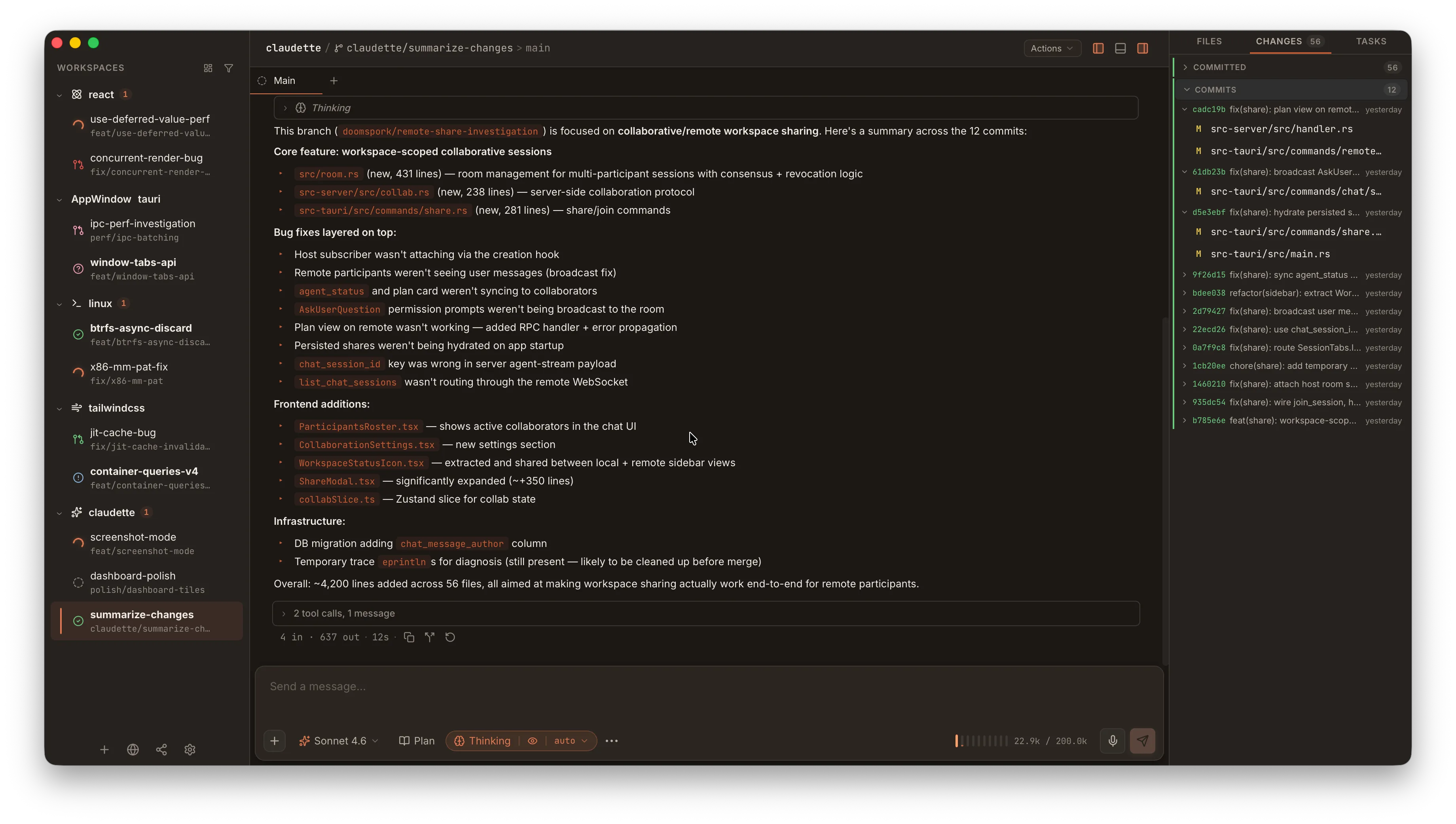 Workbench agent view showing the workspace sidebar with multiple parallel sessions and an active agent chat