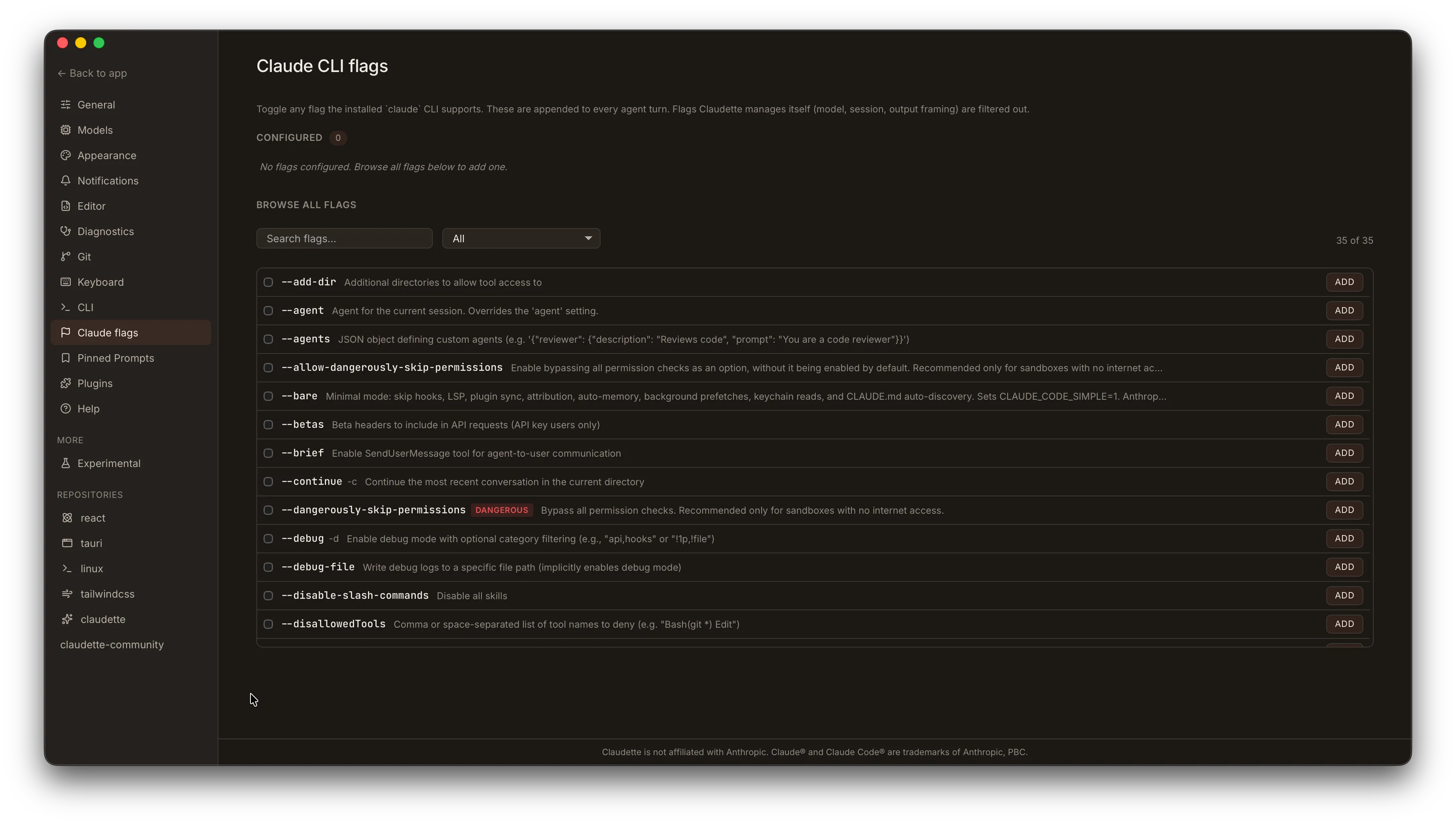 Settings > Claude CLI flags panel showing a list of available flags with enable toggles and value inputs