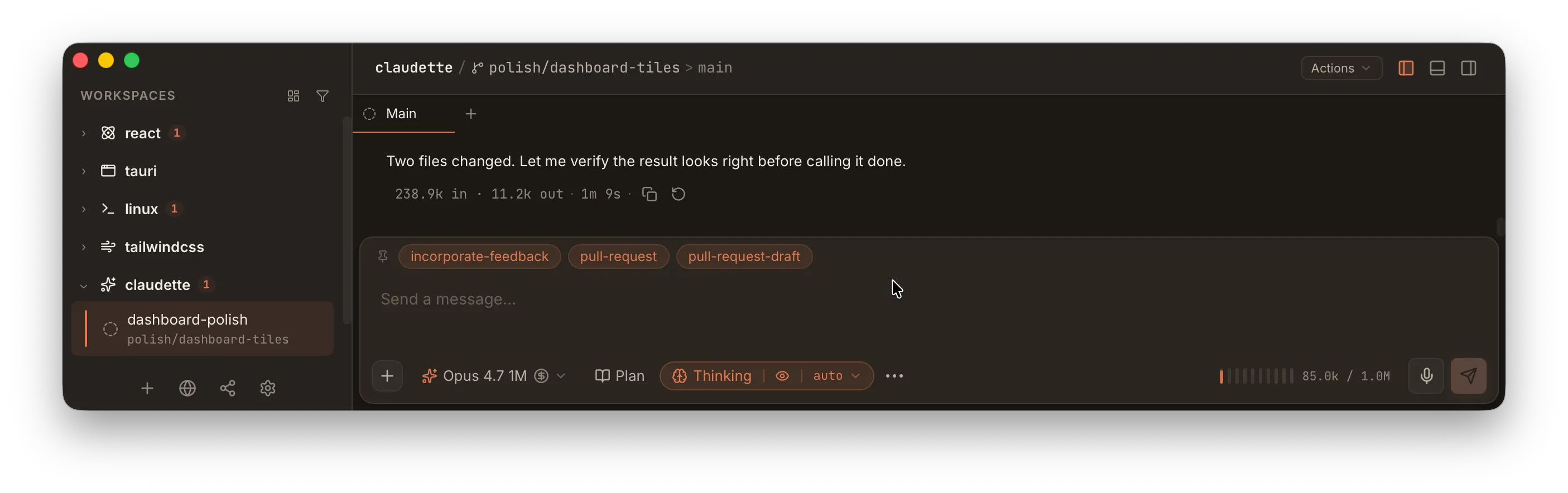 Chat composer with a row of pinned prompt pills above the message input