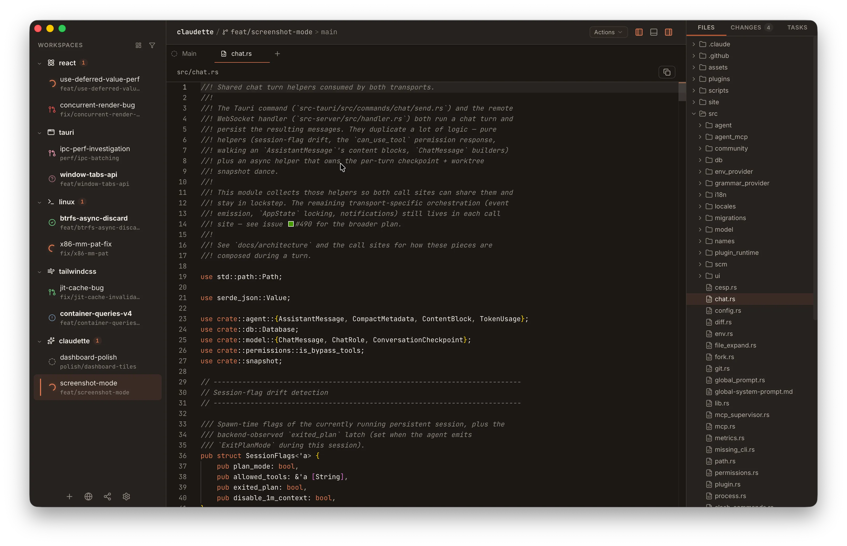 Monaco editor open on a Rust source file with the workspace sidebar on the left and the file tree on the right