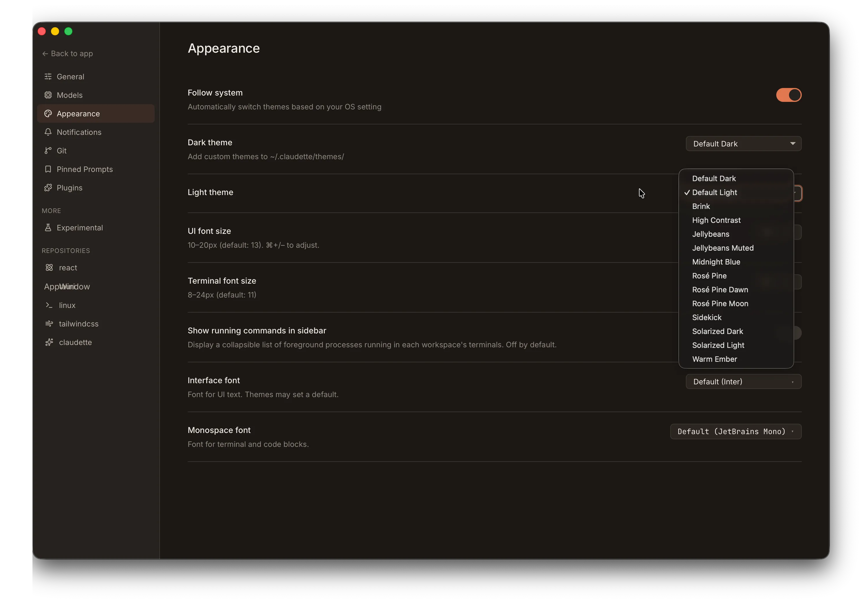 Workbench Appearance settings with Follow system enabled, showing separate dark and light theme selectors