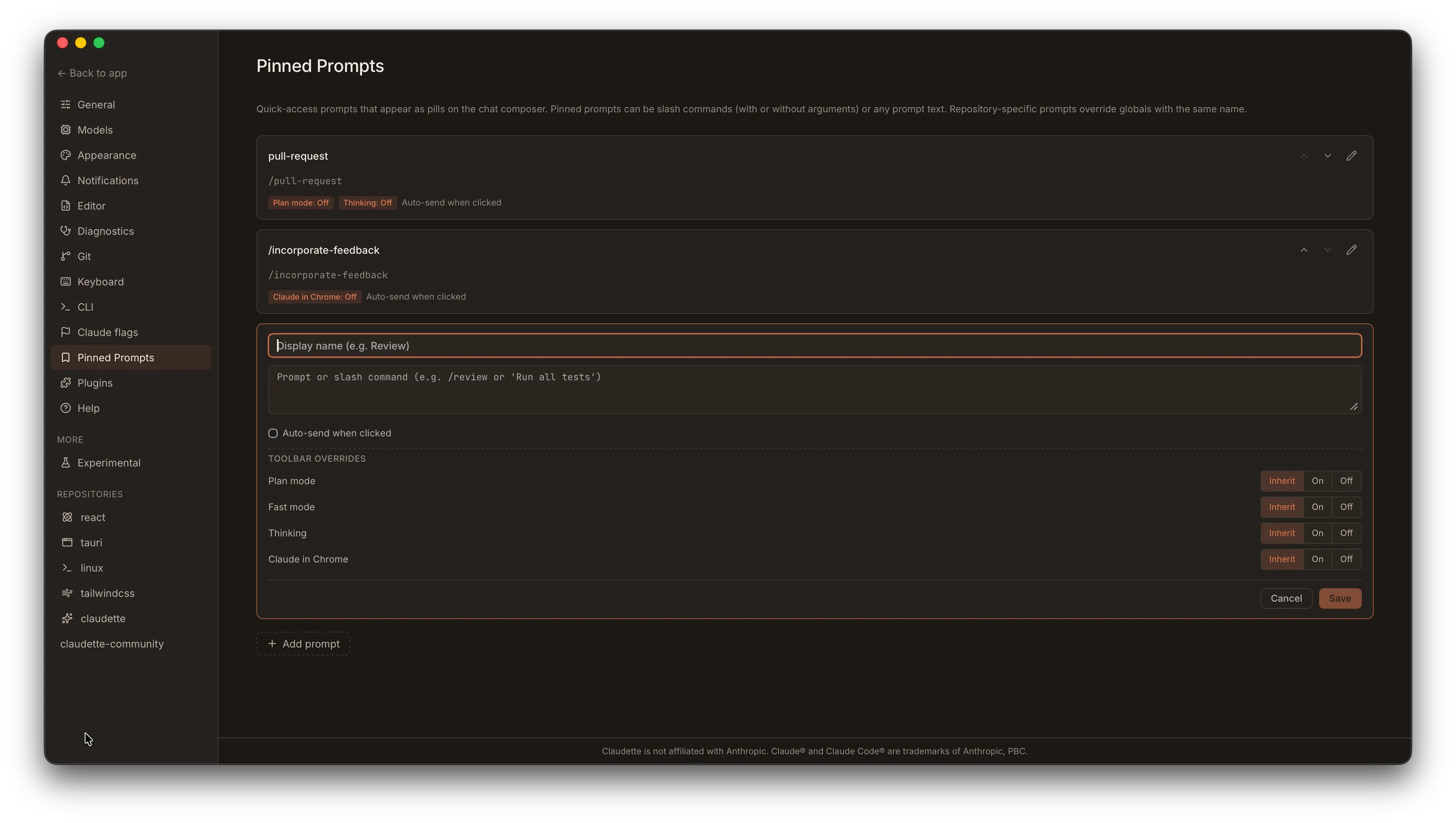 Global Pinned Prompts settings page showing several saved prompts with edit, reorder, and add controls