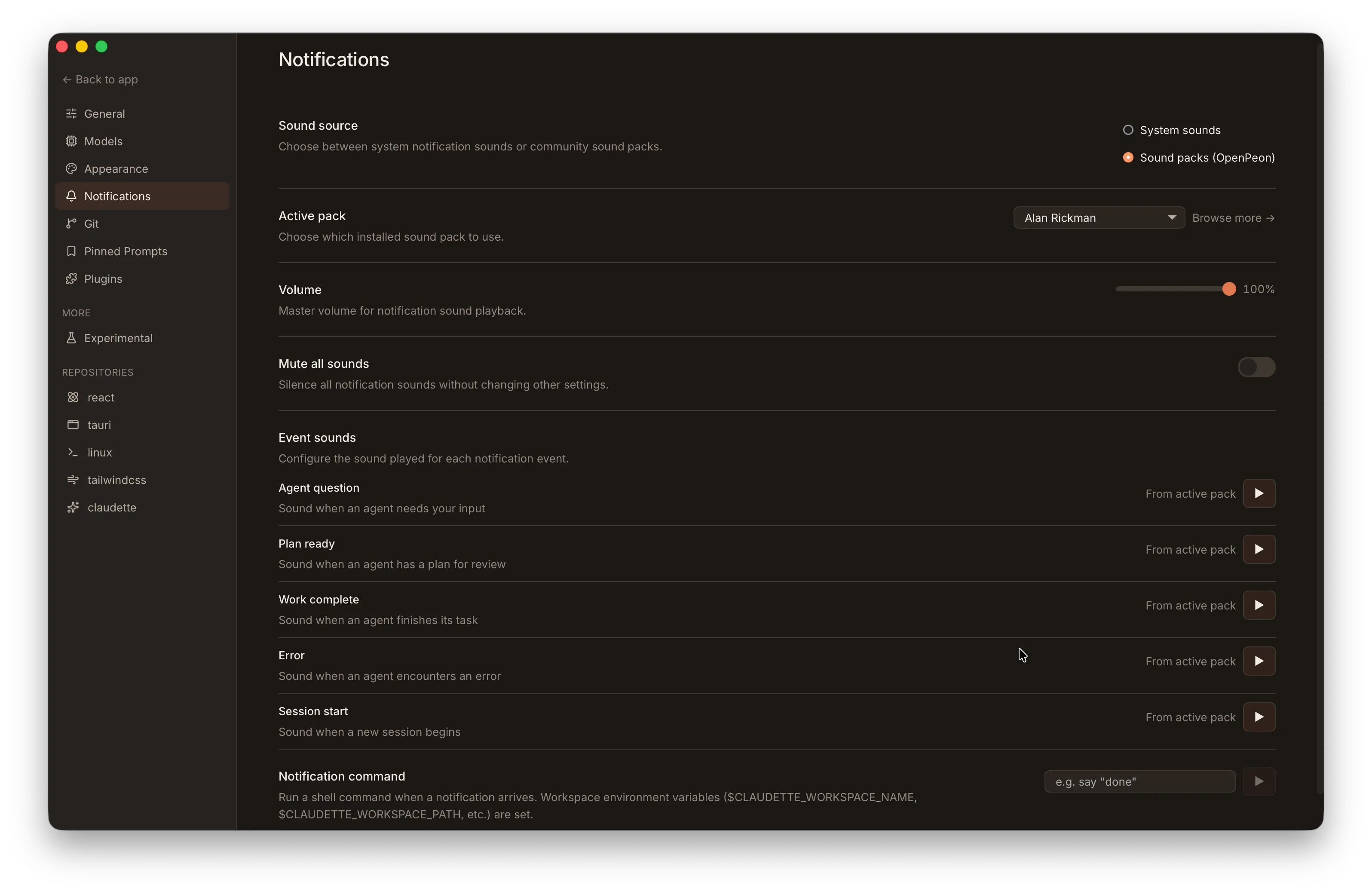 Notifications settings panel showing sound source toggle, active pack selector, volume slider, mute switch, and per-event sound dropdowns