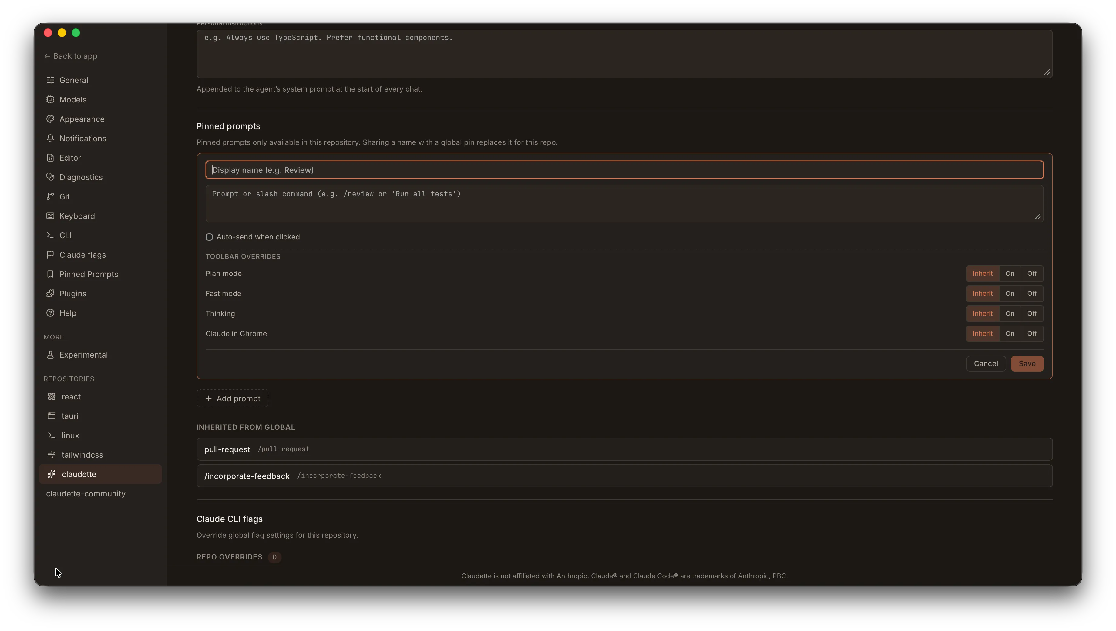 Repository settings page with a Pinned Prompts section and an Inherited from Global list below it