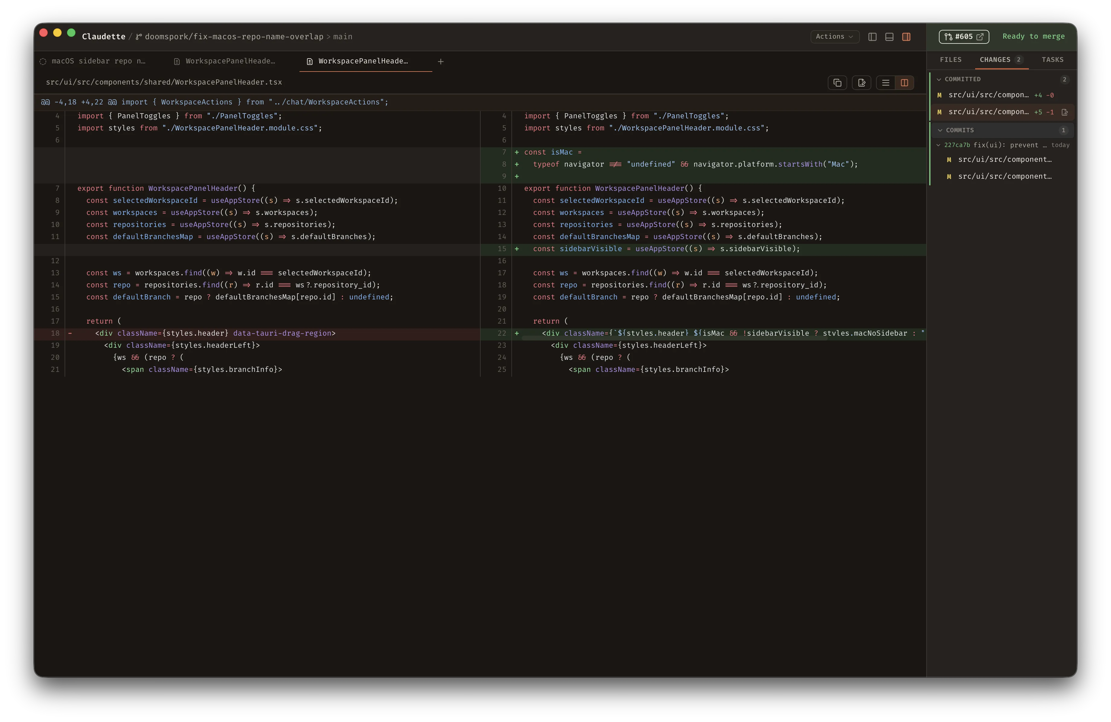 Diff viewer in side-by-side mode with the old file version on the left and the new version on the right