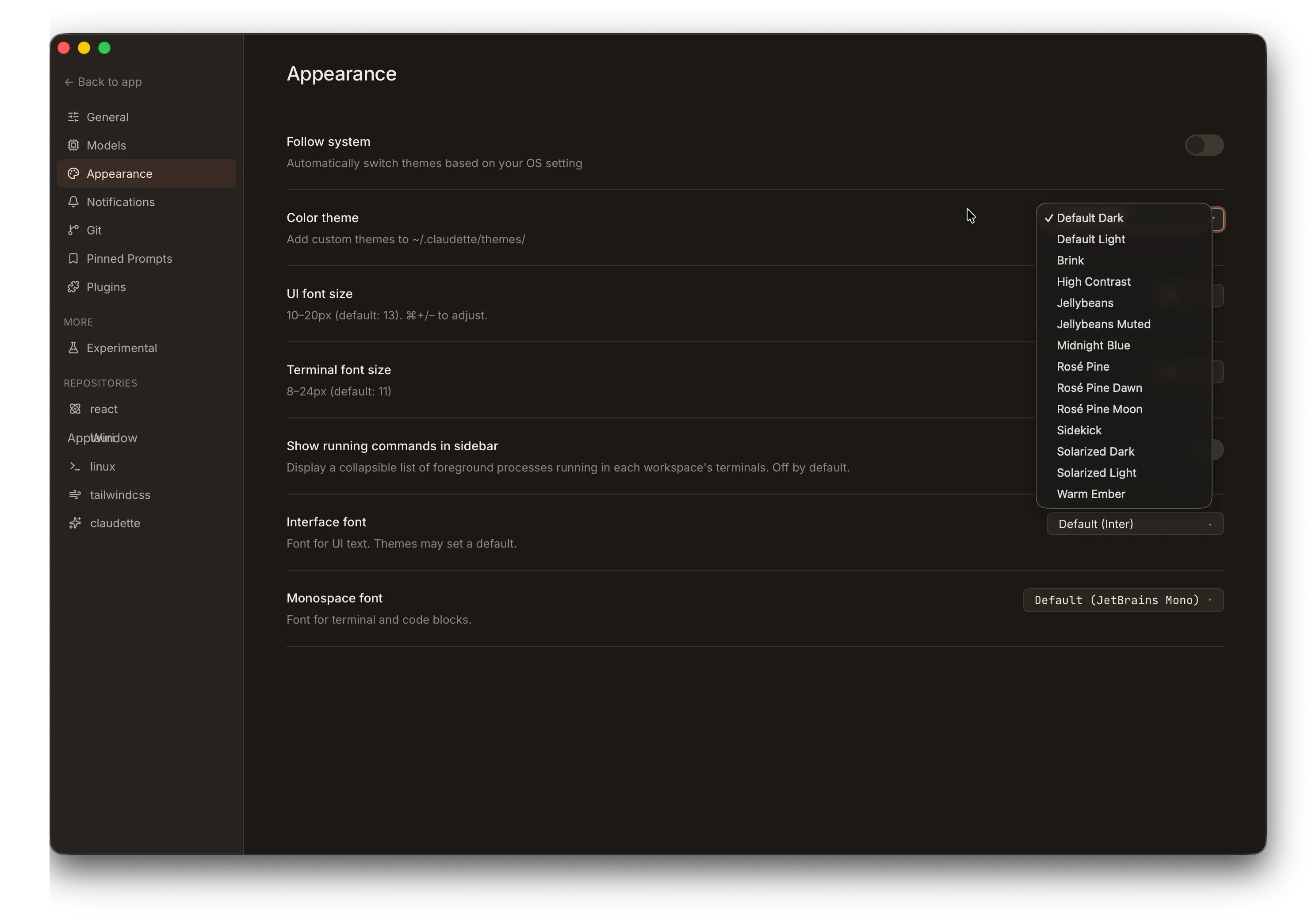 Workbench Appearance settings showing the theme picker dropdown with built-in theme options