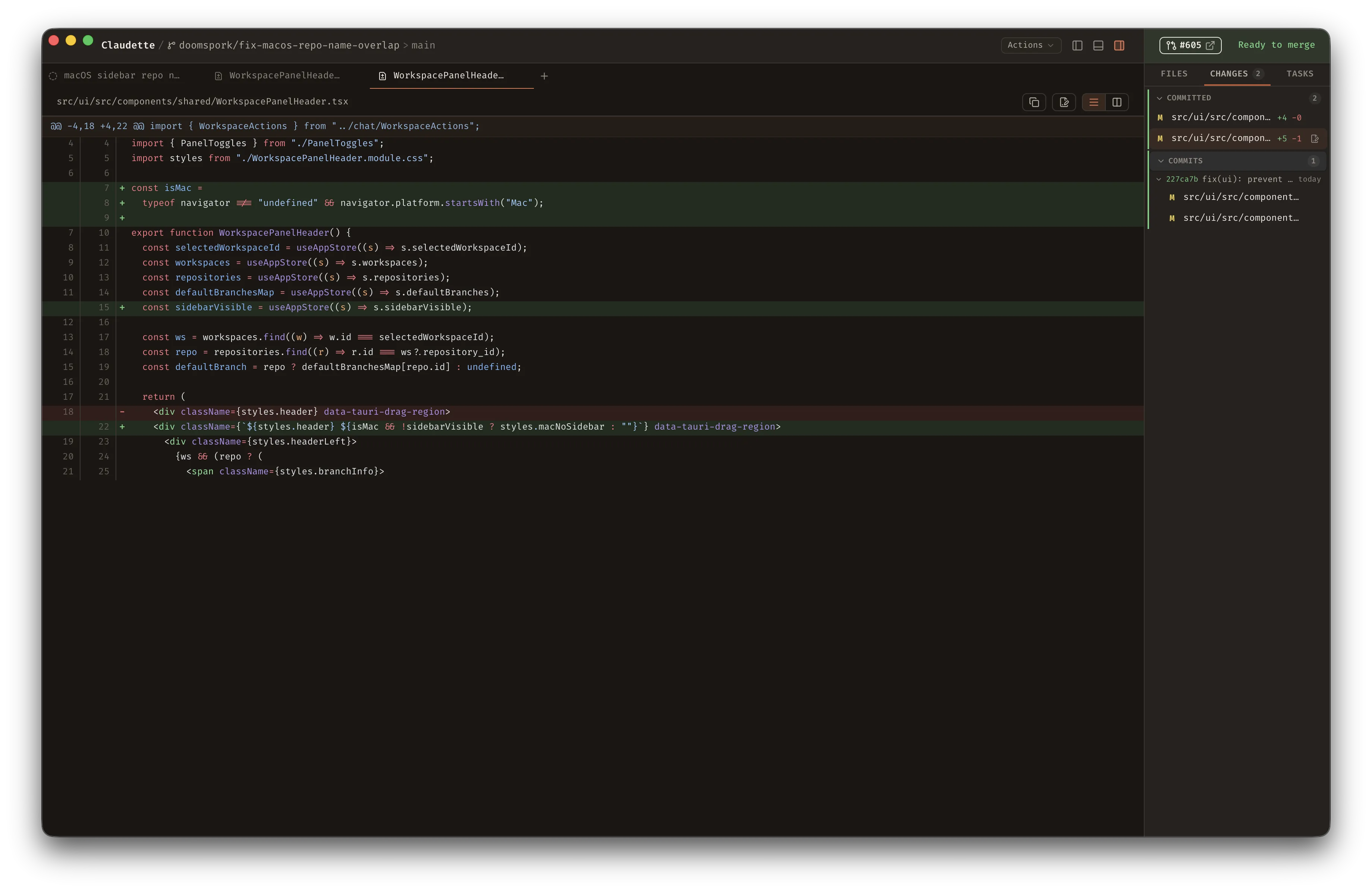 Diff viewer in unified mode showing added and removed lines with syntax highlighting